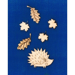 Jeż  5x6,5cm  +  listki  dębu , klonu  5szt , jesienny obrazek/seria zwierzątka leśne